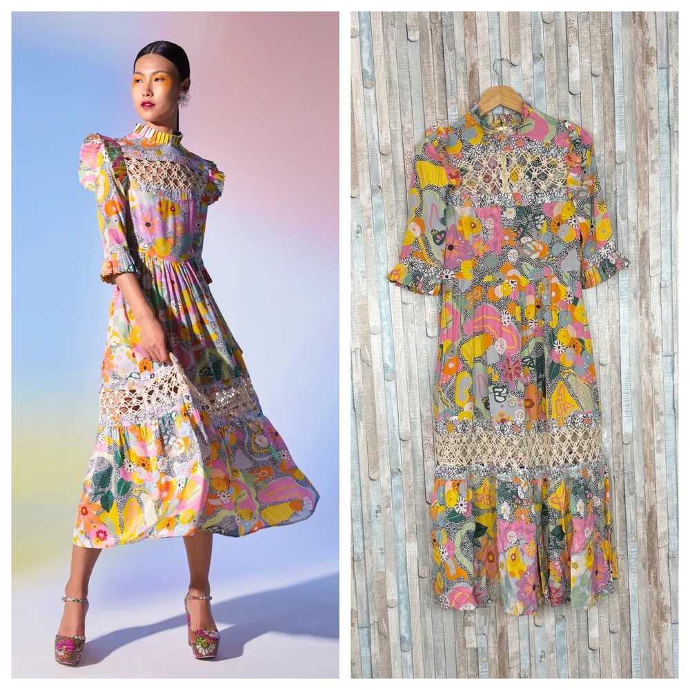 Celia B Sunny Dress Colorful Floral Crochet Lace High Ruffle Neck Tiered Midi M‎